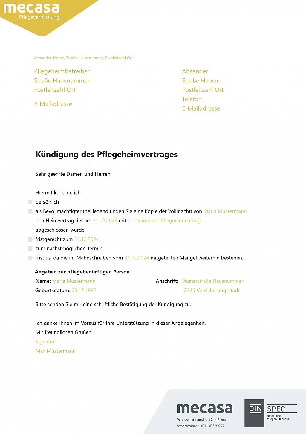 
                                                    Kündigung eines Pflegeheimvertrages
                                                