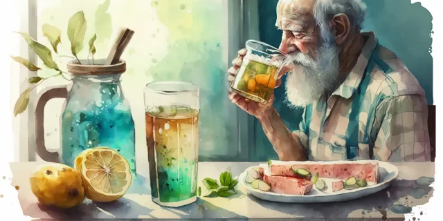Eine Auswahl verschiedener Getränke und Lebensmittel, die alten Menschen helfen genug Wasser zu trinken